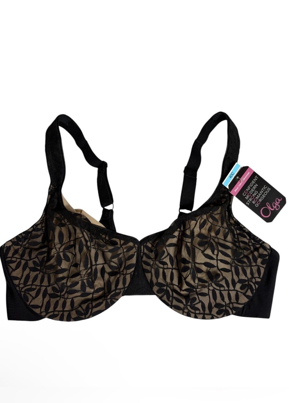 NWT Olga black with nude sheer leaves minimizer underwire bra size 40C